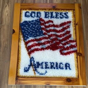 God Bless America with USA Flag Wall Art Hand Finished Latch Hook Kit Framed